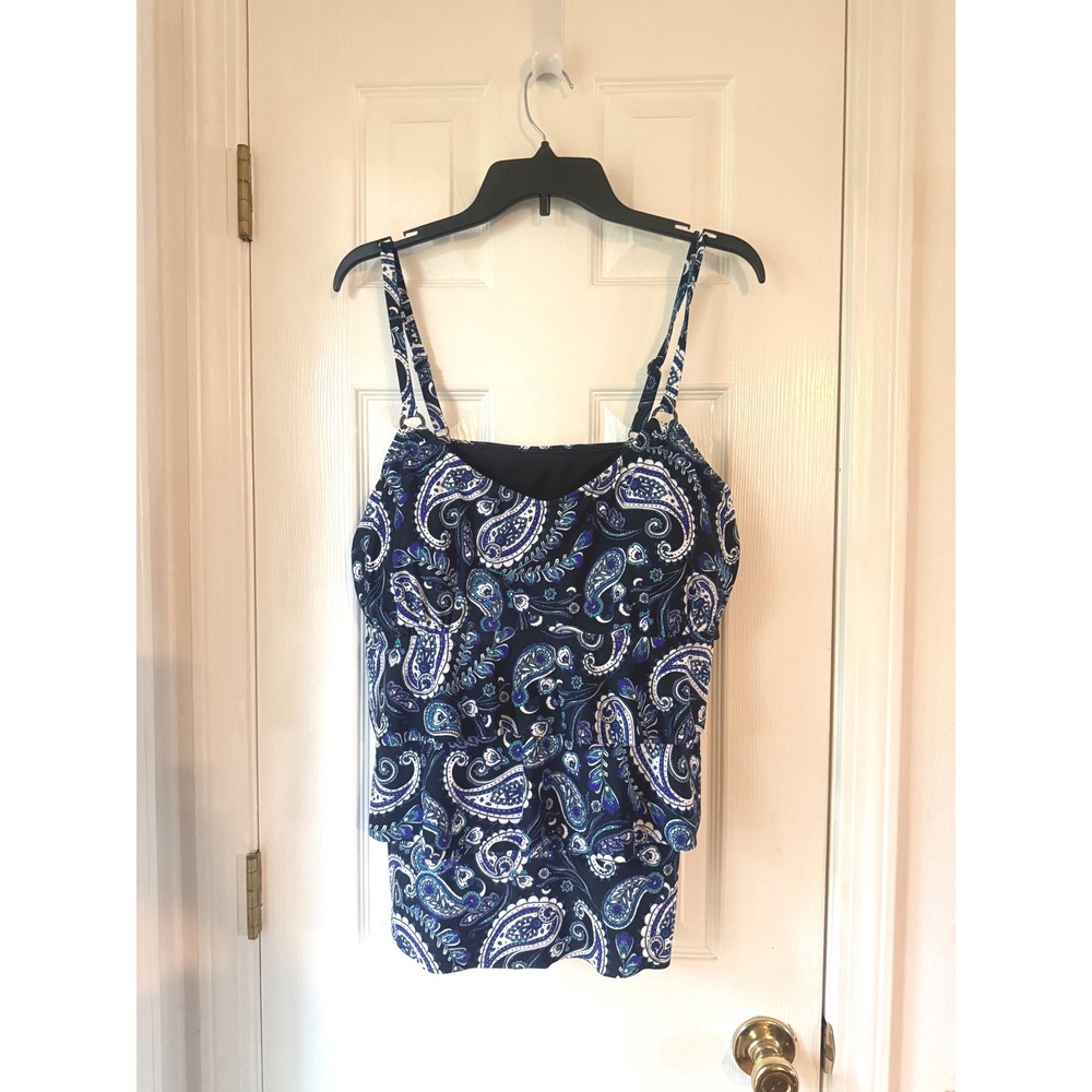 Island Escape Plus Size 20W Paisley Tiered Ruffle Tankini Top Blue N770460‎ NEW